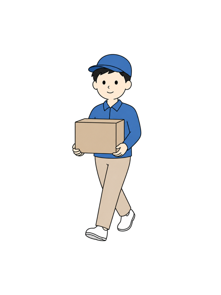 作業服姿で段ボール箱を両手に持って歩く3/4向きの成人男性配送員のイラスト