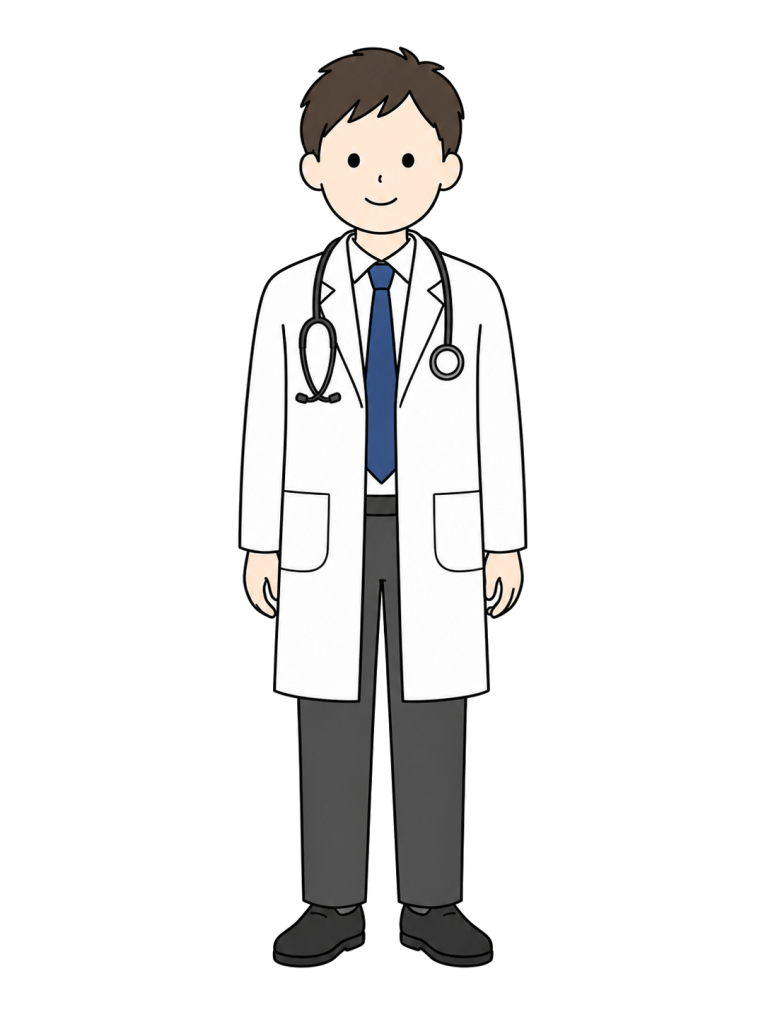 白衣を着て聴診器を身につけ、正面を向いて自然に立つ成人男性医師のイラスト