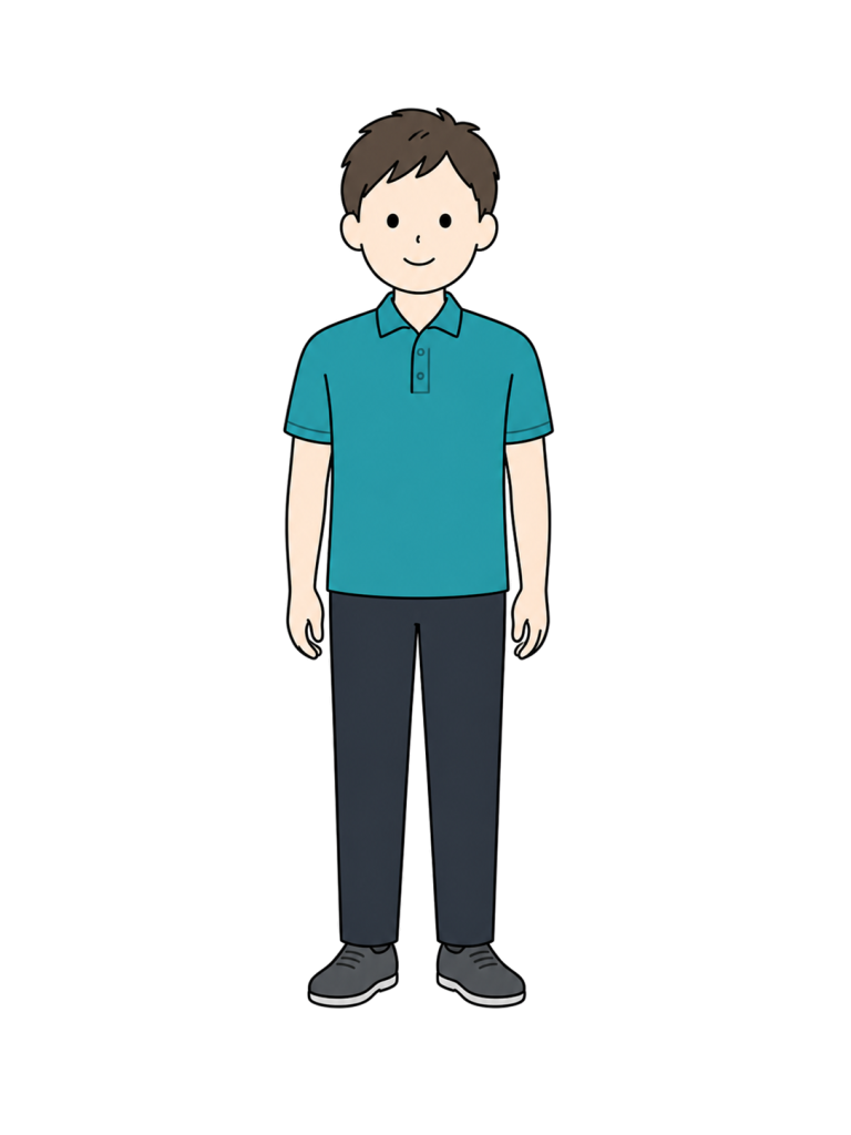 リハビリウェアを着て正面に自然に立つ成人男性理学療法士のイラスト