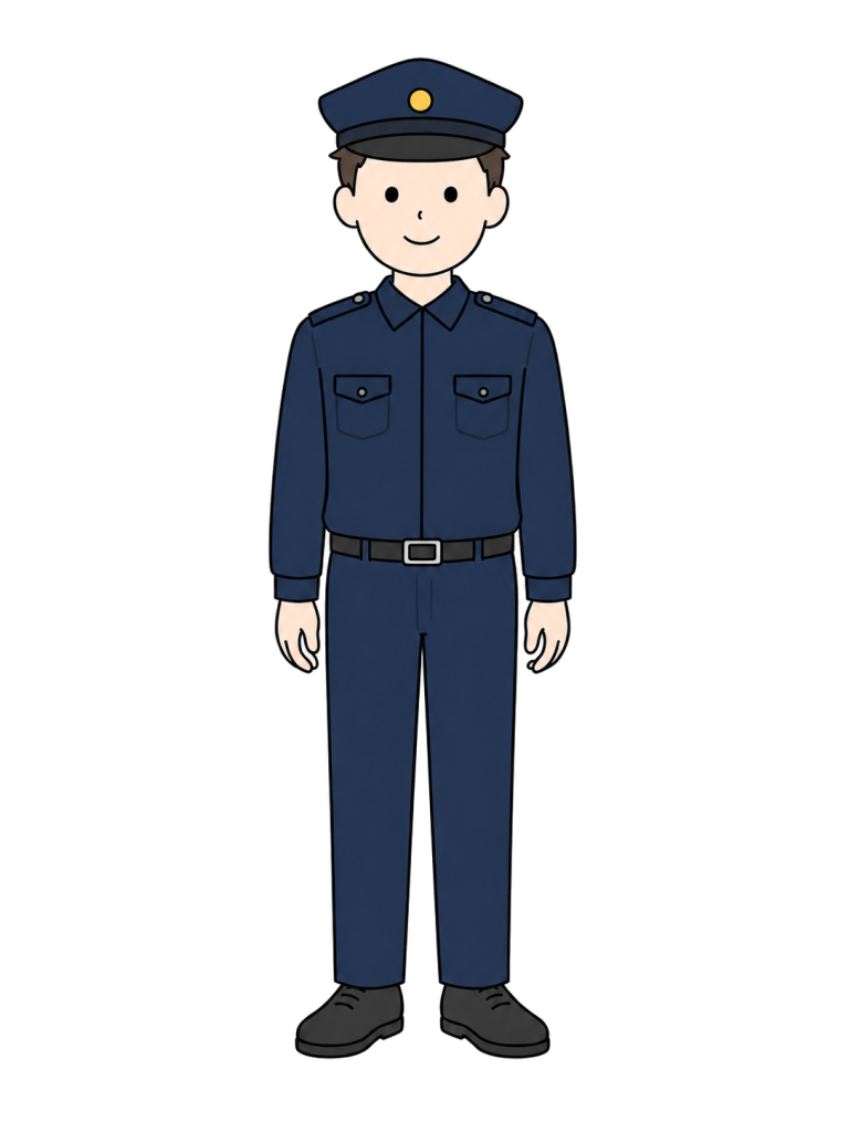 一般化した制服と制帽を着て正面を向いて立つ成人男性警察官のイラスト