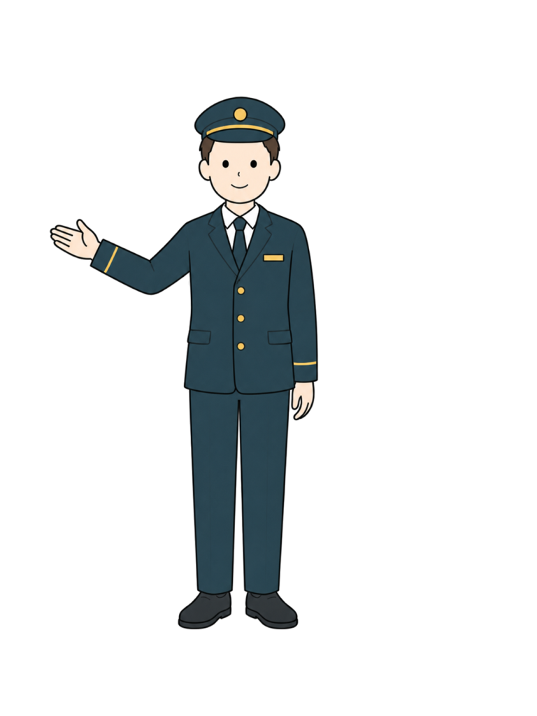一般化された駅員制服と制帽を着て片手で案内する成人男性駅員のイラスト