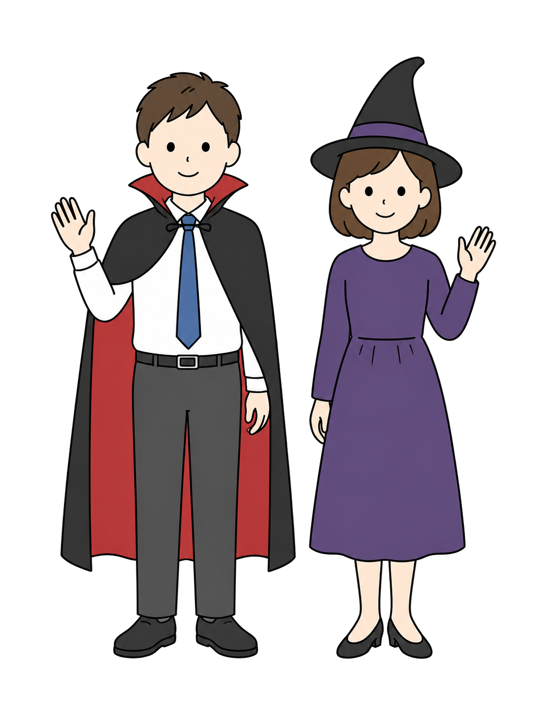 Illustration of an adult man and woman enjoying Halloween in costumes