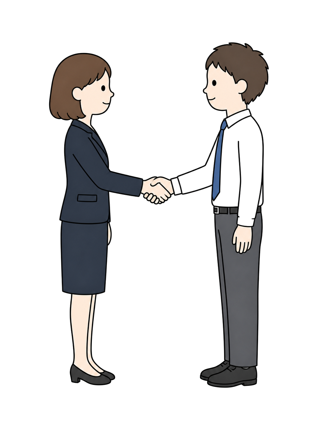 Full-body illustration of an adult woman and man facing each other and shaking hands.