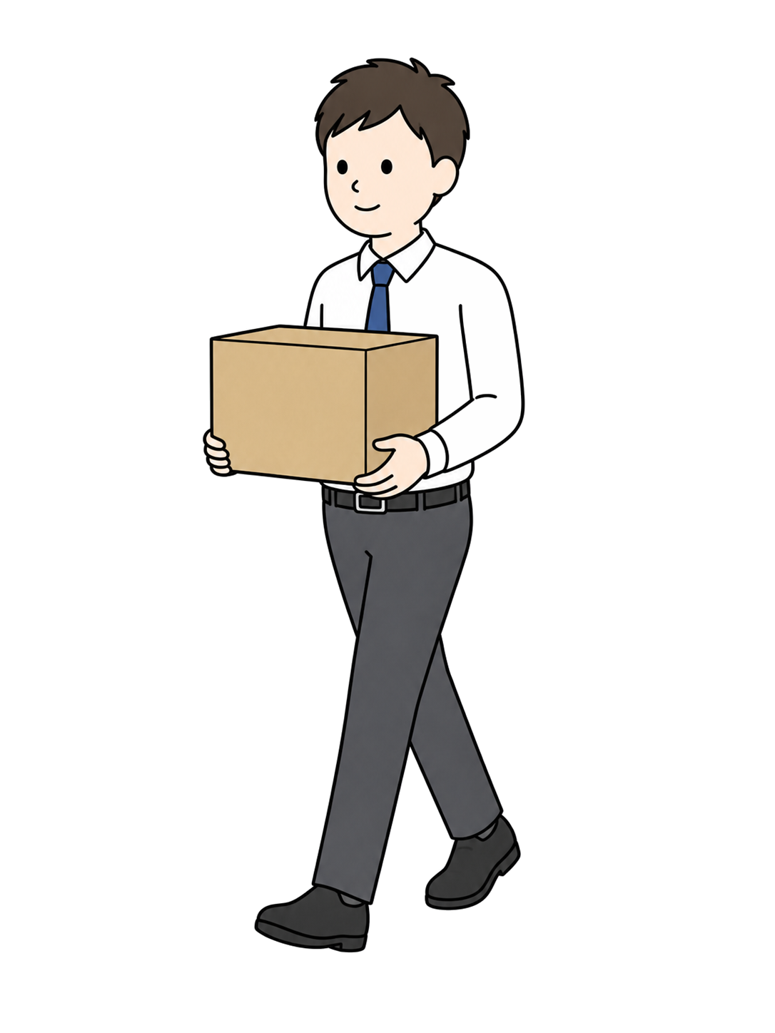 Full-body illustration of an adult man carrying a cardboard box with both hands.