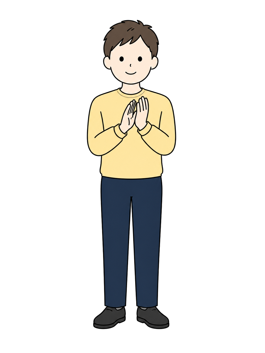 Full-body illustration of an adult man clapping his hands in front of his chest.