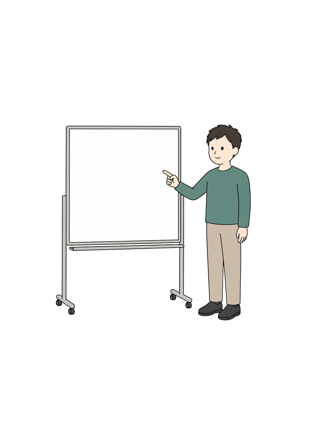 Illustration of an adult man in three-quarter view pointing at a whiteboard while explaining