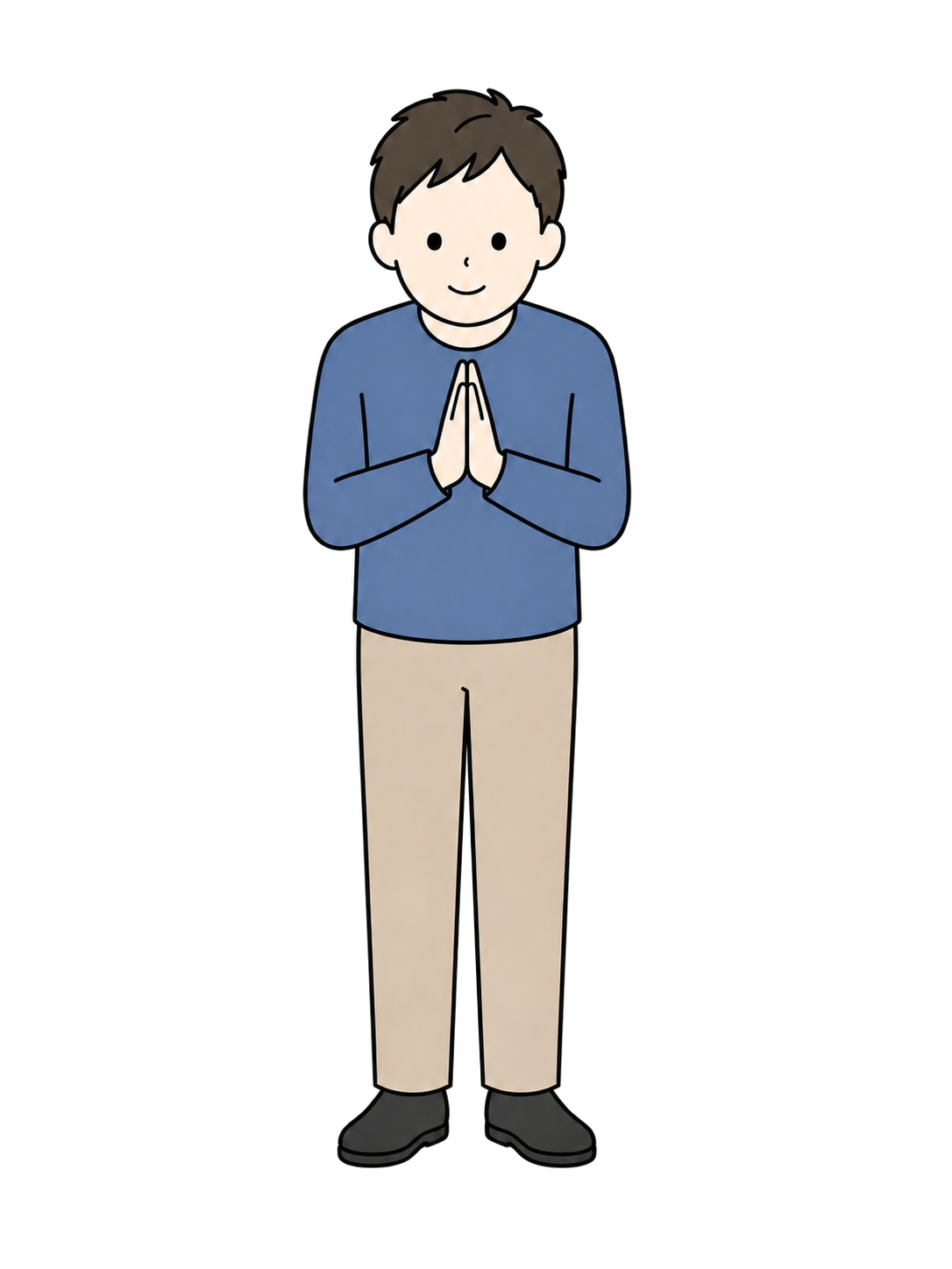 Full-body illustration of an adult man facing forward with his palms together to express gratitude
