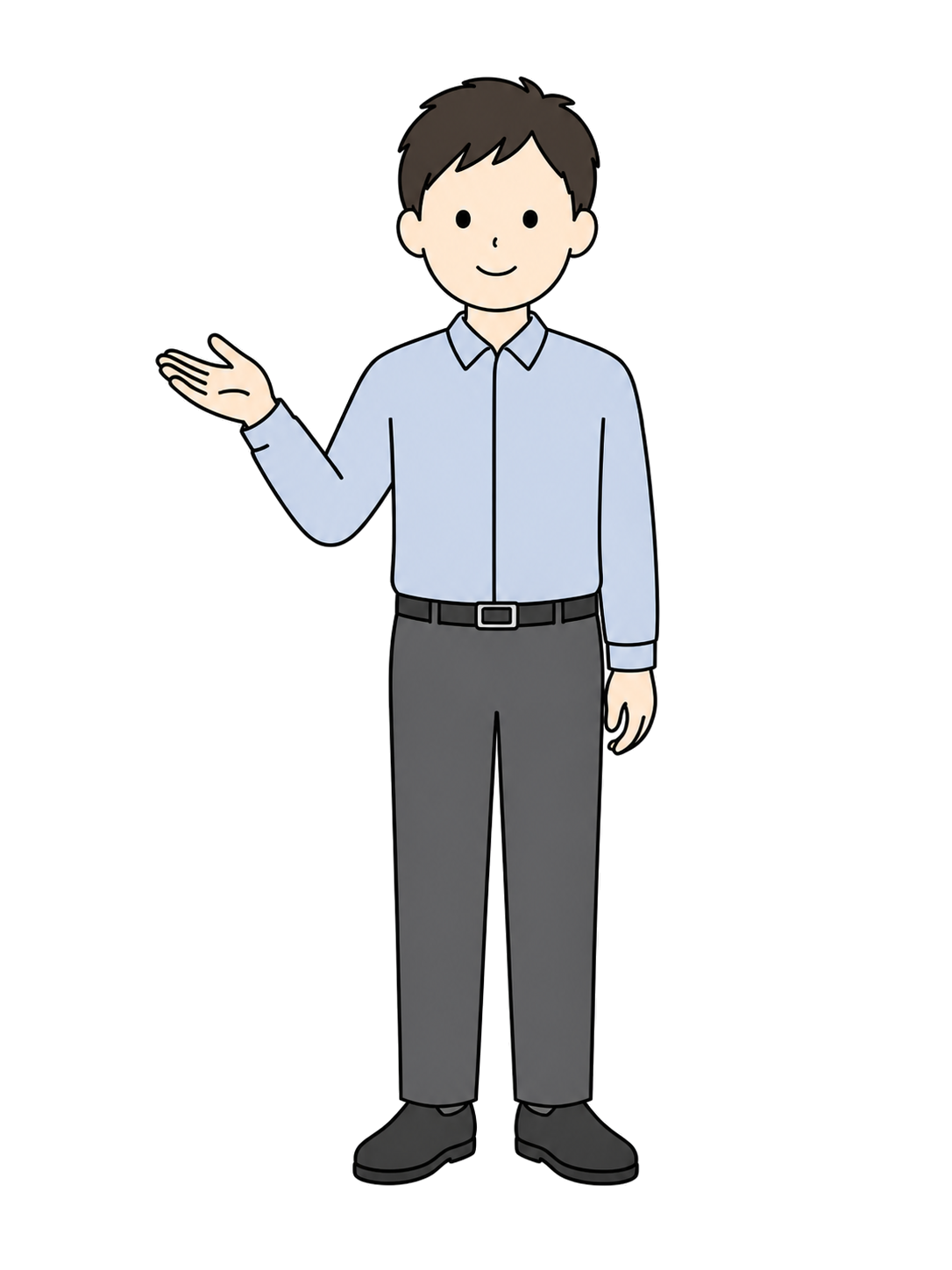 Full-body illustration of an adult man explaining with an open-hand gesture.