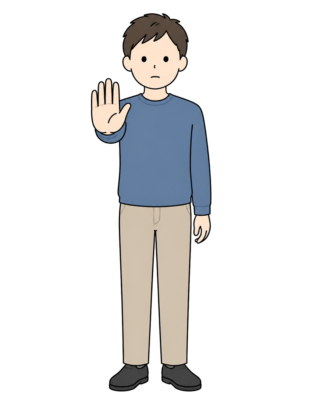 Full-body illustration of an adult man holding up an open palm to signal stop.