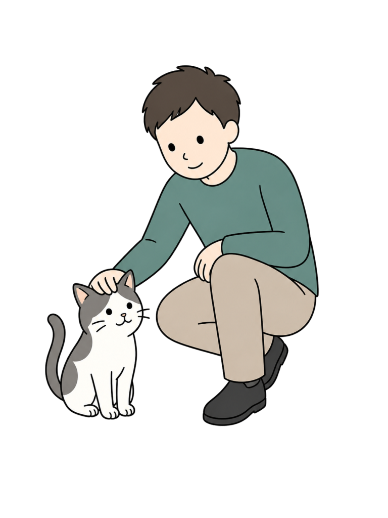 猫の頭を優しく撫でる成人男性の全身イラスト