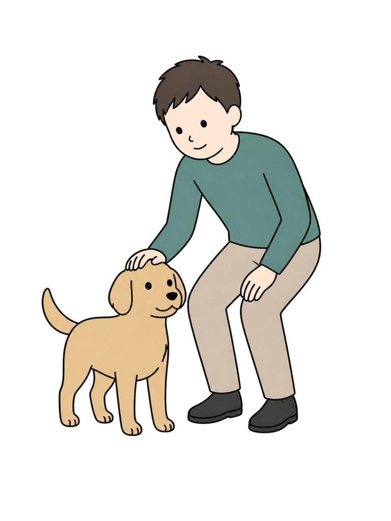犬の頭を優しく撫でる成人男性の全身イラスト