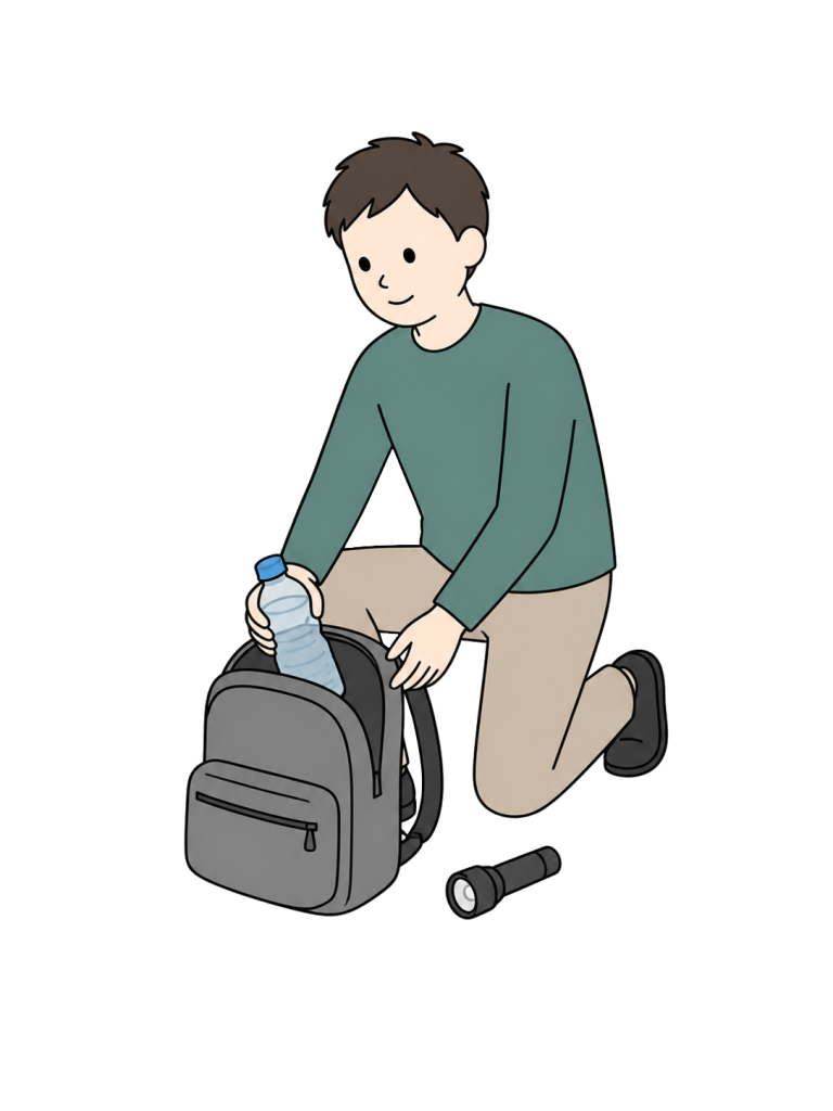 Adult man preparing an emergency bag with water and a flashlight