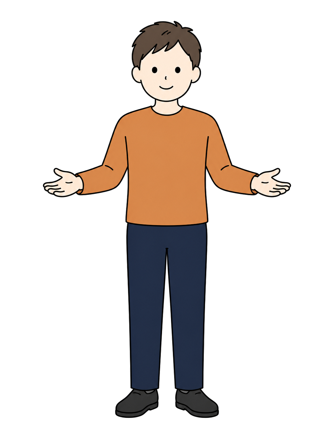 Full-body illustration of an adult man presenting or guiding with both open hands.