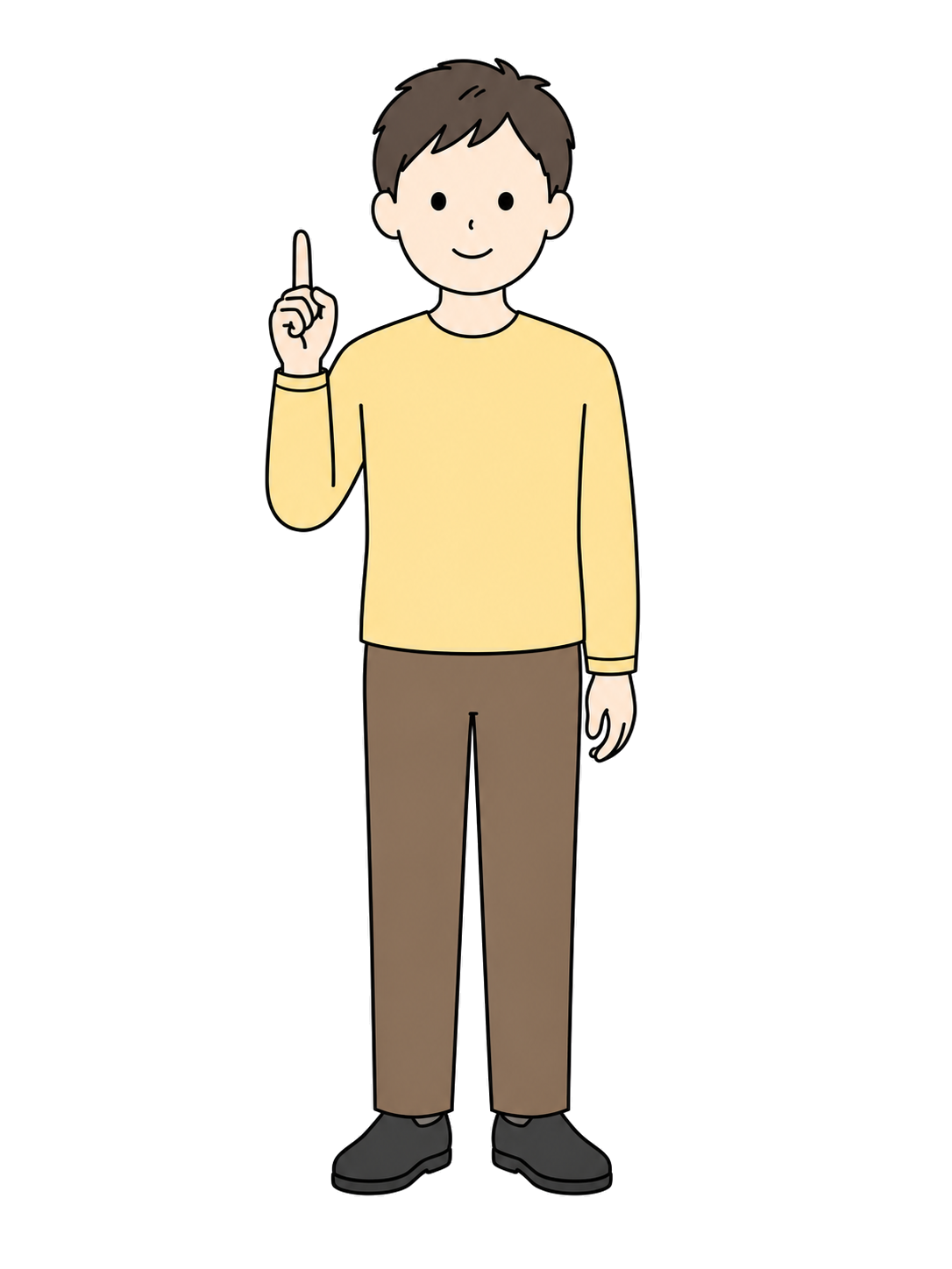 Full-body illustration of an adult man raising one index finger after having an idea.