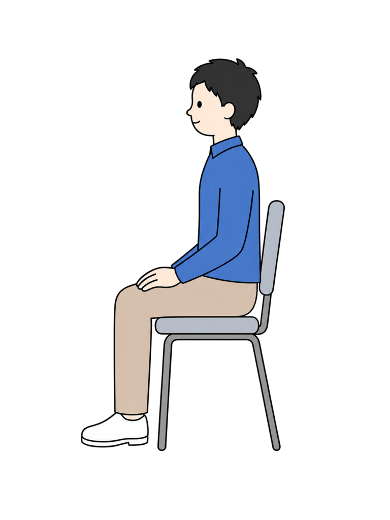 Full-body illustration of an adult man seated on a chair and resting with his hands on his thighs.
