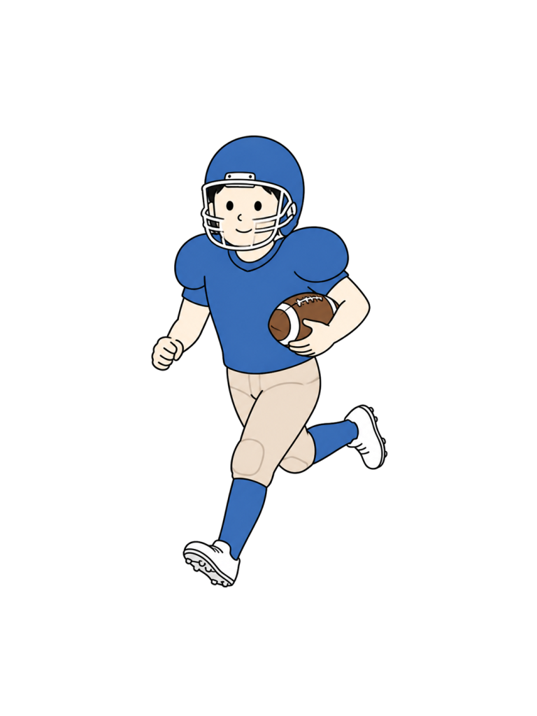 ボールを抱えて走るアメリカンフットボール選手の成人男性