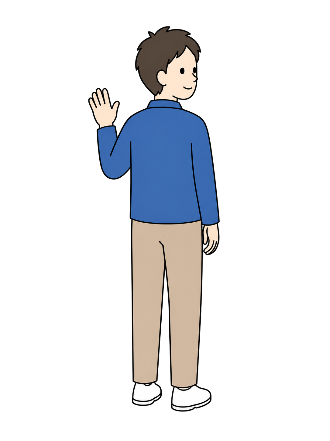 Full-body illustration of an adult man turning back from a rear-facing stance and waving.