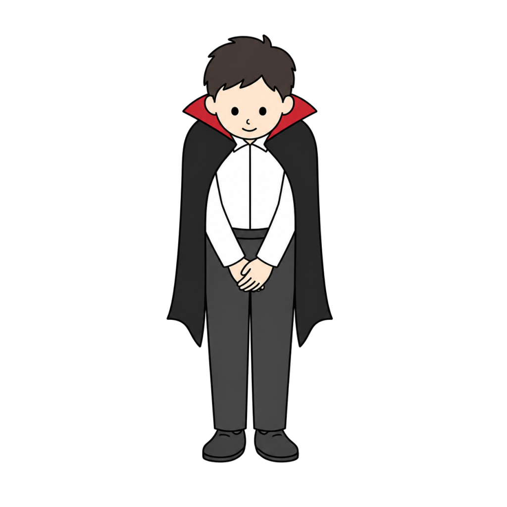 Illustration of an adult man in a vampire costume bowing front-facing