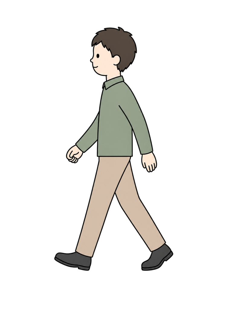 自然な歩幅で歩く成人男性の全身イラスト。
