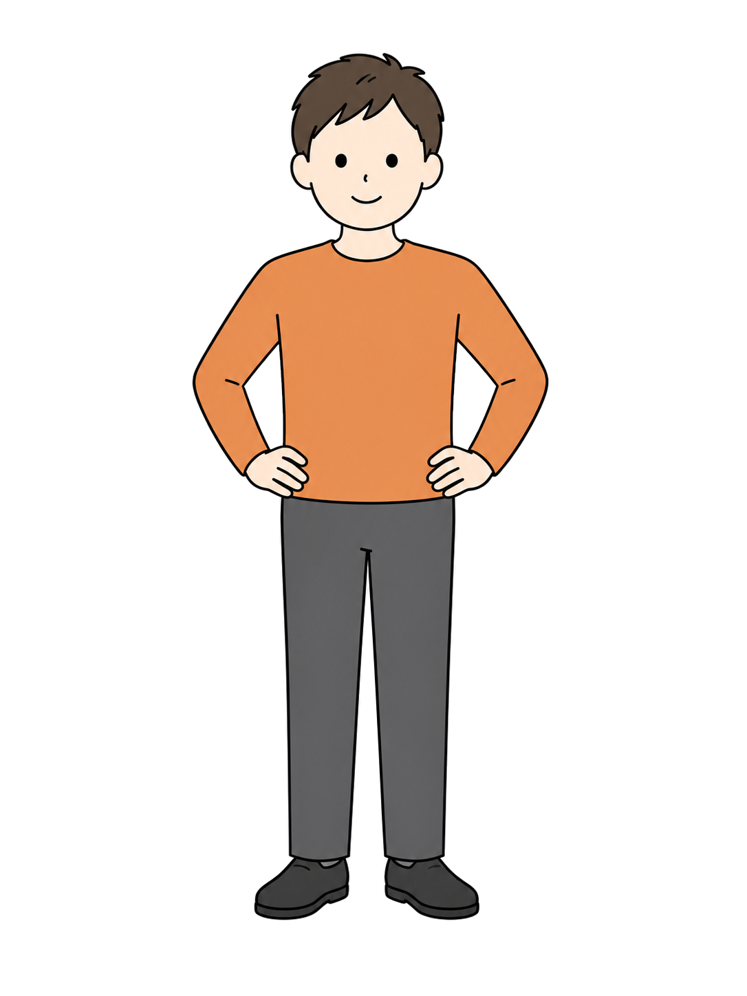 Full-body illustration of an adult man standing with both hands on his hips.