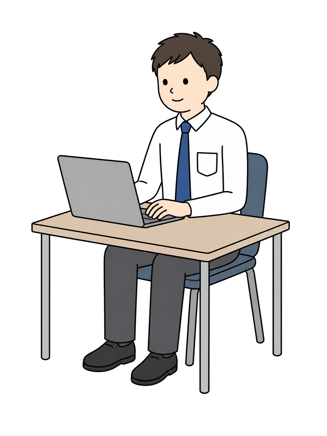 Full-body illustration of an adult man seated at a desk and working on a laptop.
