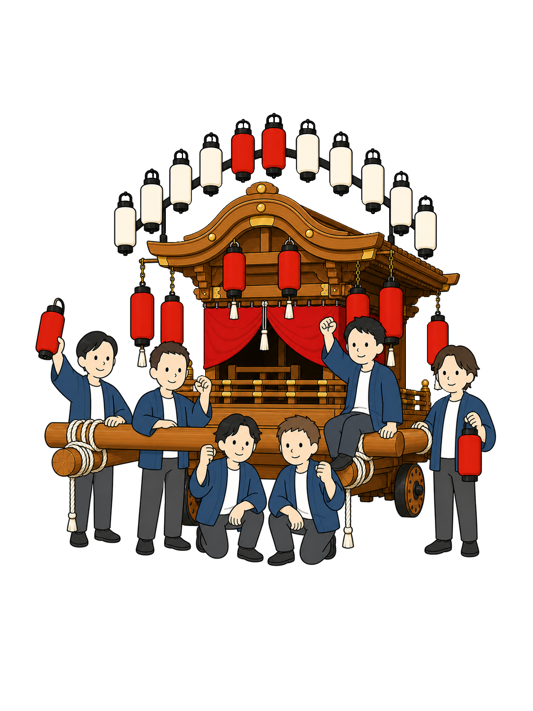 YURUNDO-style illustration of men celebrating with lanterns at a danjiri festival.