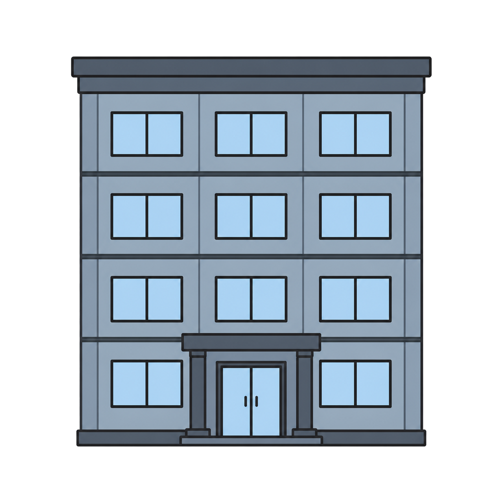 Illustration of a simple four-story office building viewed from the front