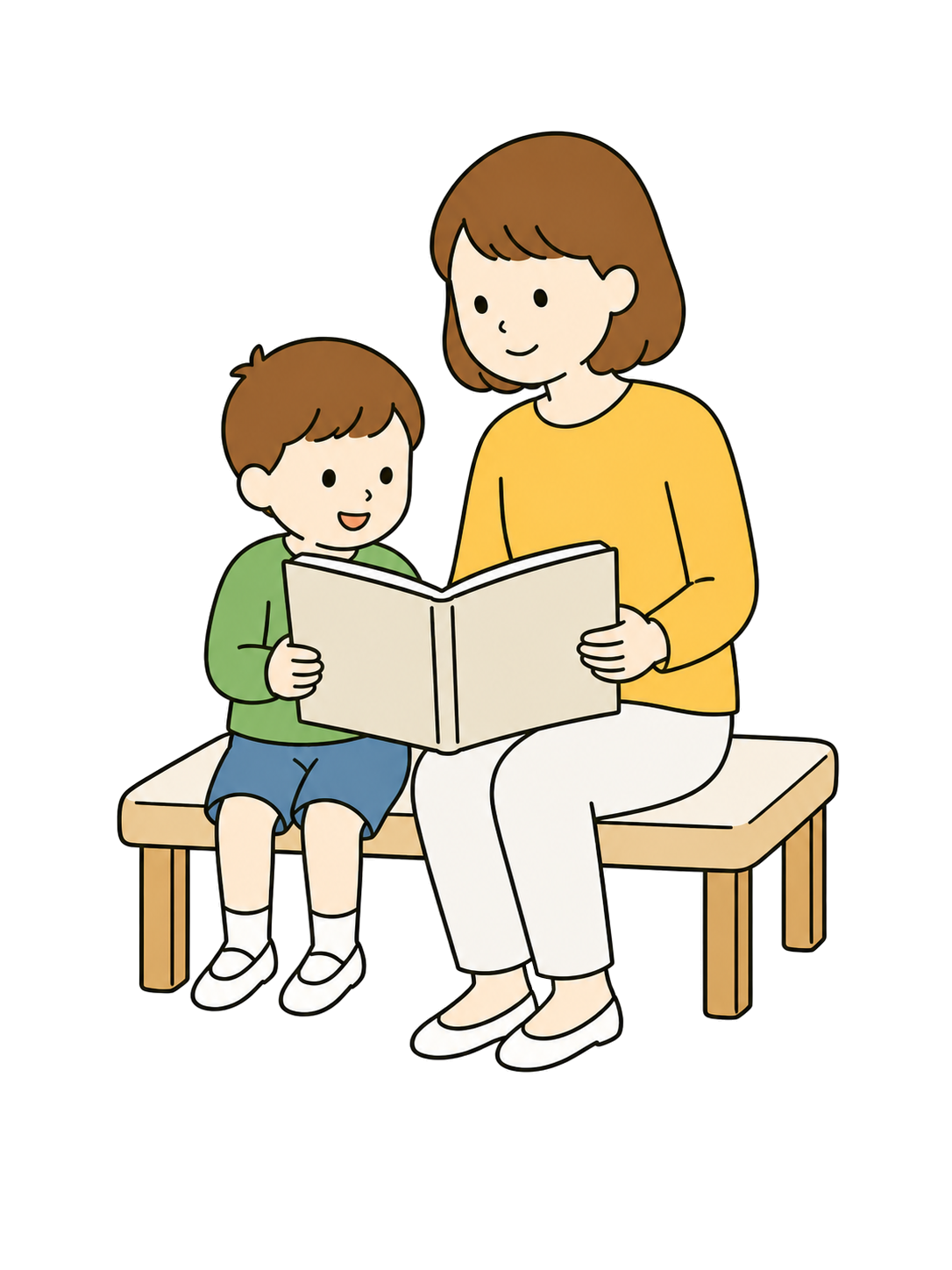 Illustration of a mother and son reading a book together in three-quarter view