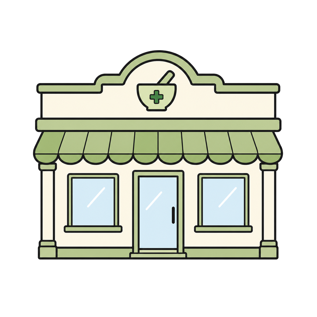 Illustration of a small pharmacy storefront viewed from the front