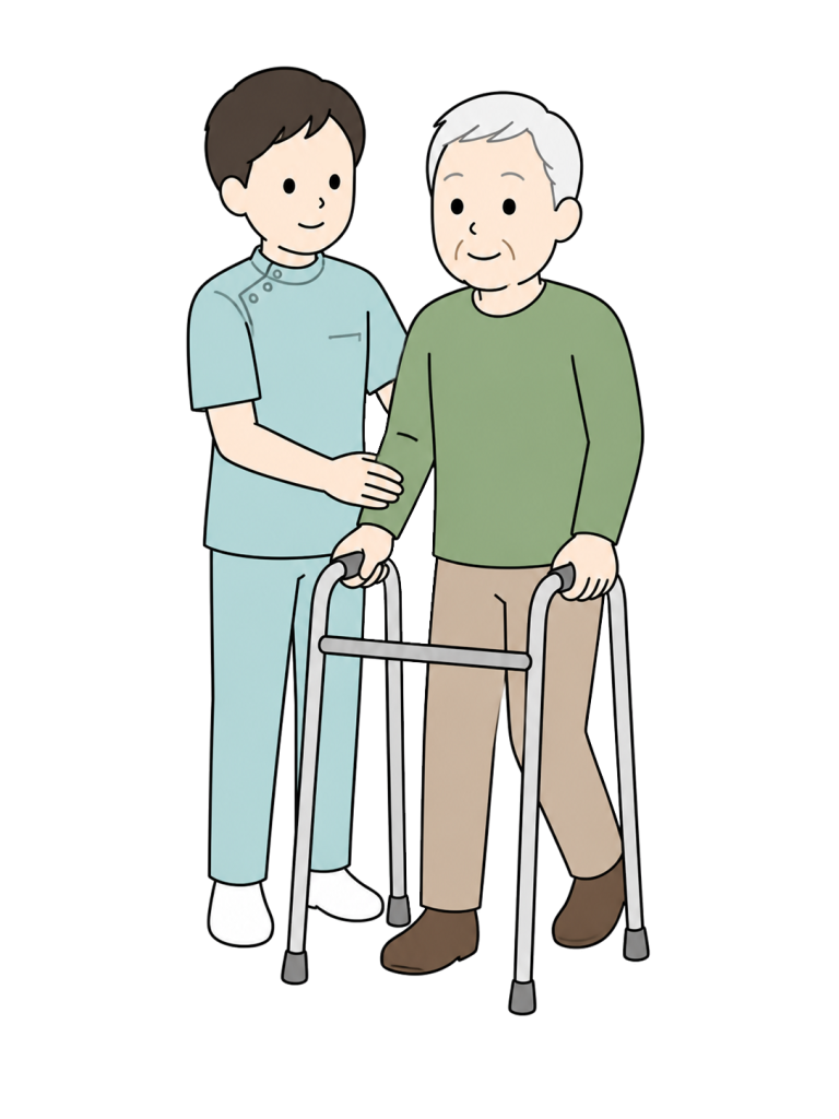 Physical therapist assisting senior man with walker