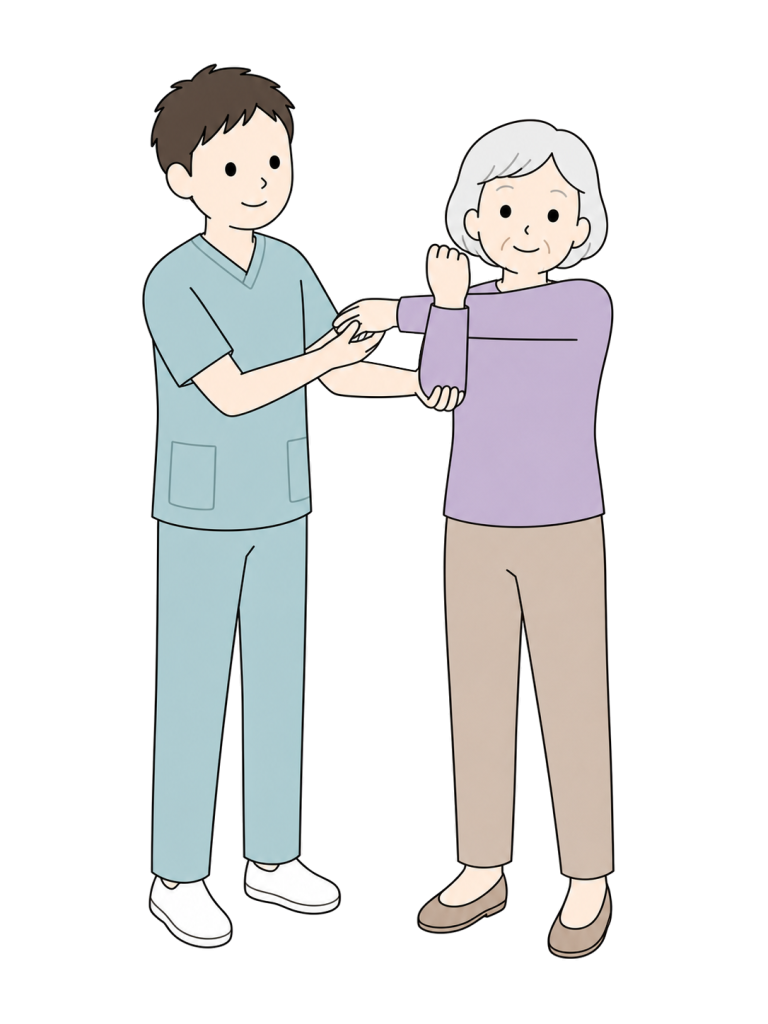 Physical therapist helping senior woman stretch