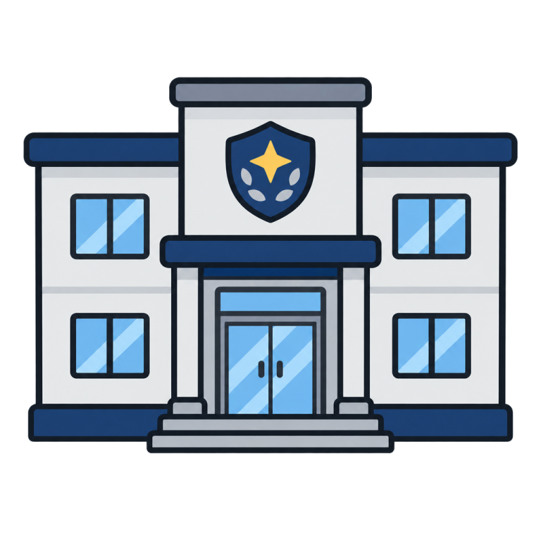 Illustration of a calm police station building viewed from the front