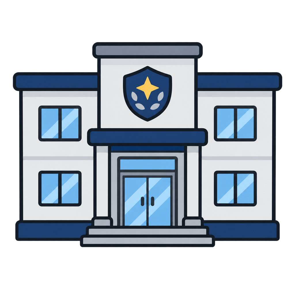 Illustration of a calm police station building viewed from the front