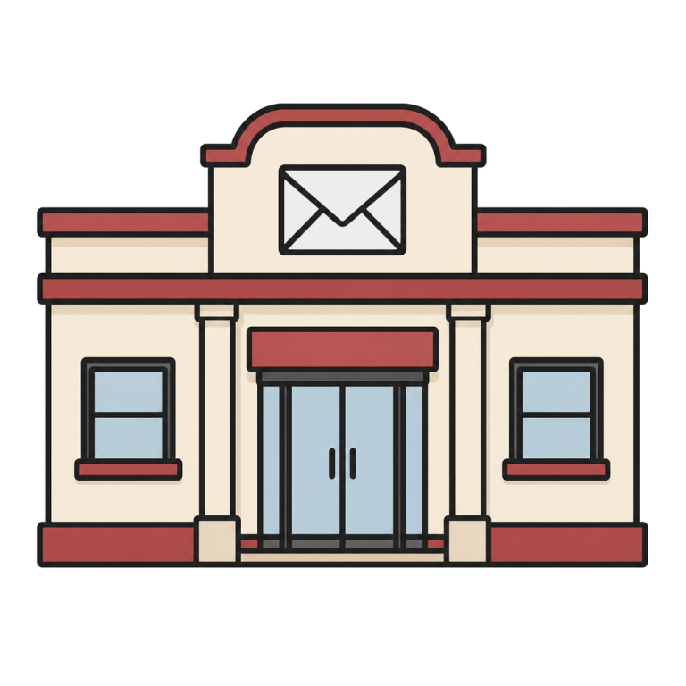 Illustration of a post office building with an abstract envelope symbol viewed from the front