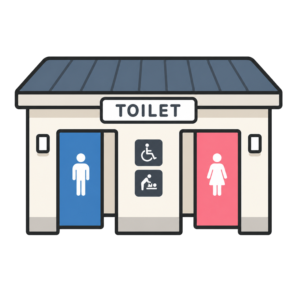 Illustration of a public restroom building with two entrances viewed from the front