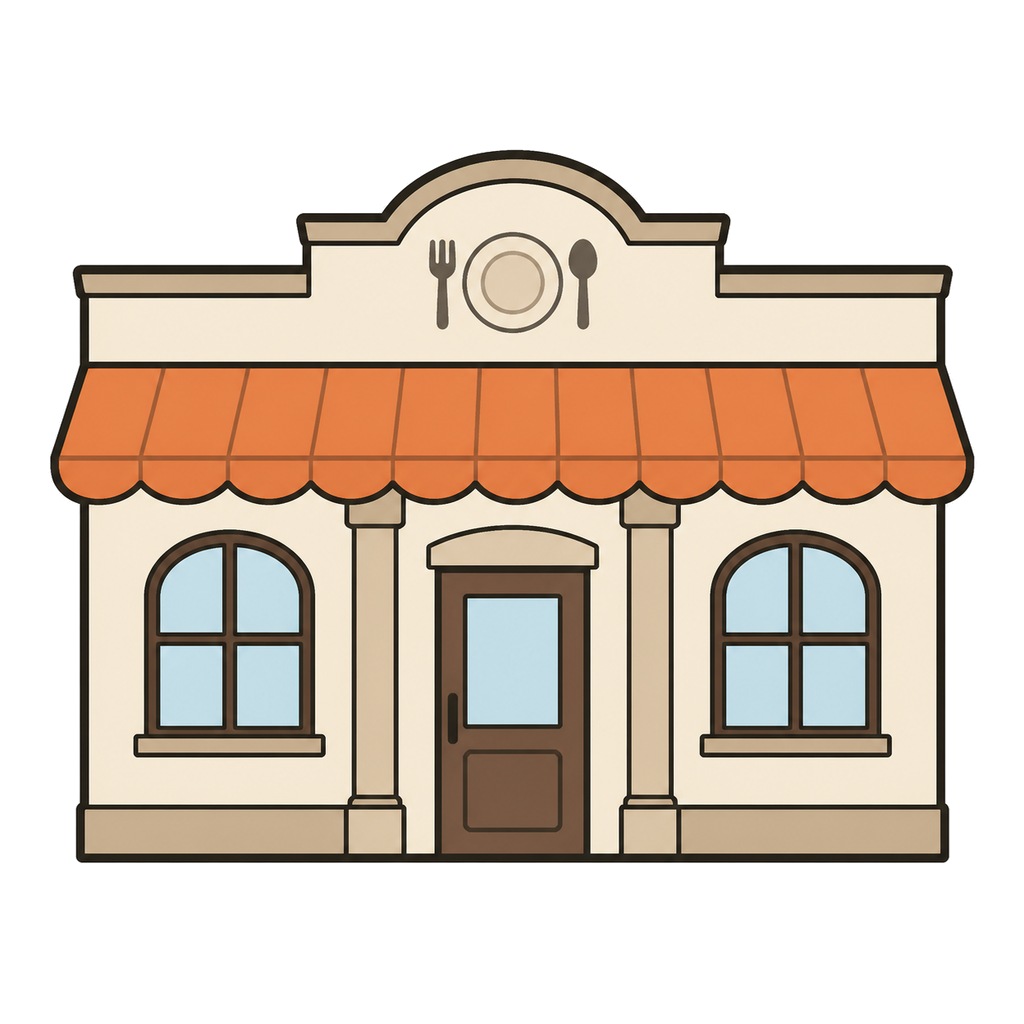 Illustration of a restaurant building with an orange awning viewed from the front