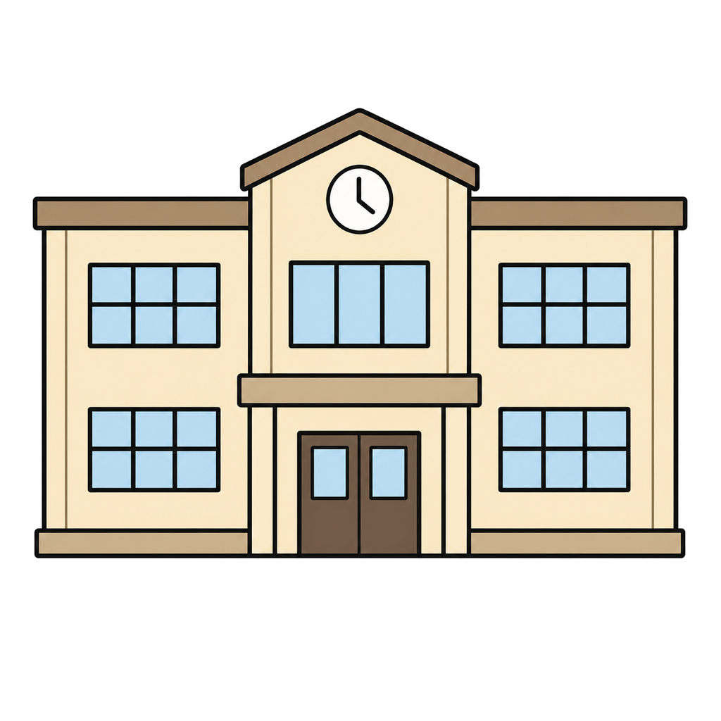 Illustration of a school building with a clock viewed from the front