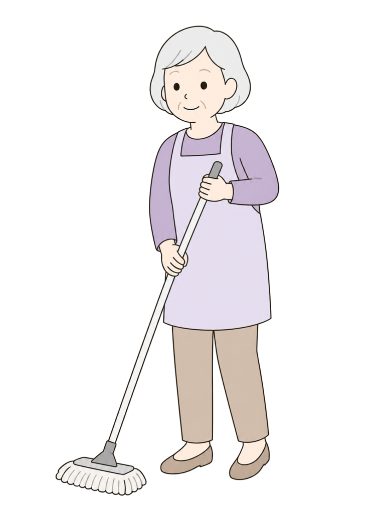 過度に前傾せず、モップを自然に扱う3/4向きの高齢女性清掃員のイラスト