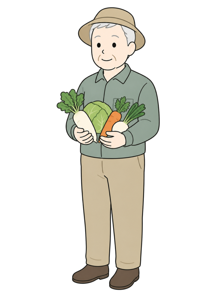 作業帽と農作業服を着て収穫した野菜を持つ3/4向きの高齢男性のイラスト