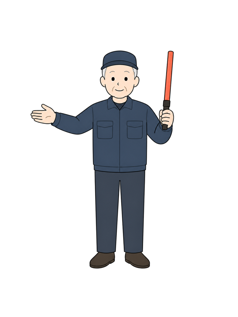 警備制服を着て誘導灯を持ち、正面で案内する高齢男性警備員のイラスト