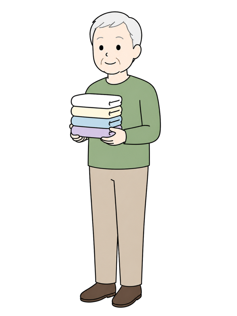 たたんだ衣類を両手で運ぶ3/4向きの高齢男性のイラスト