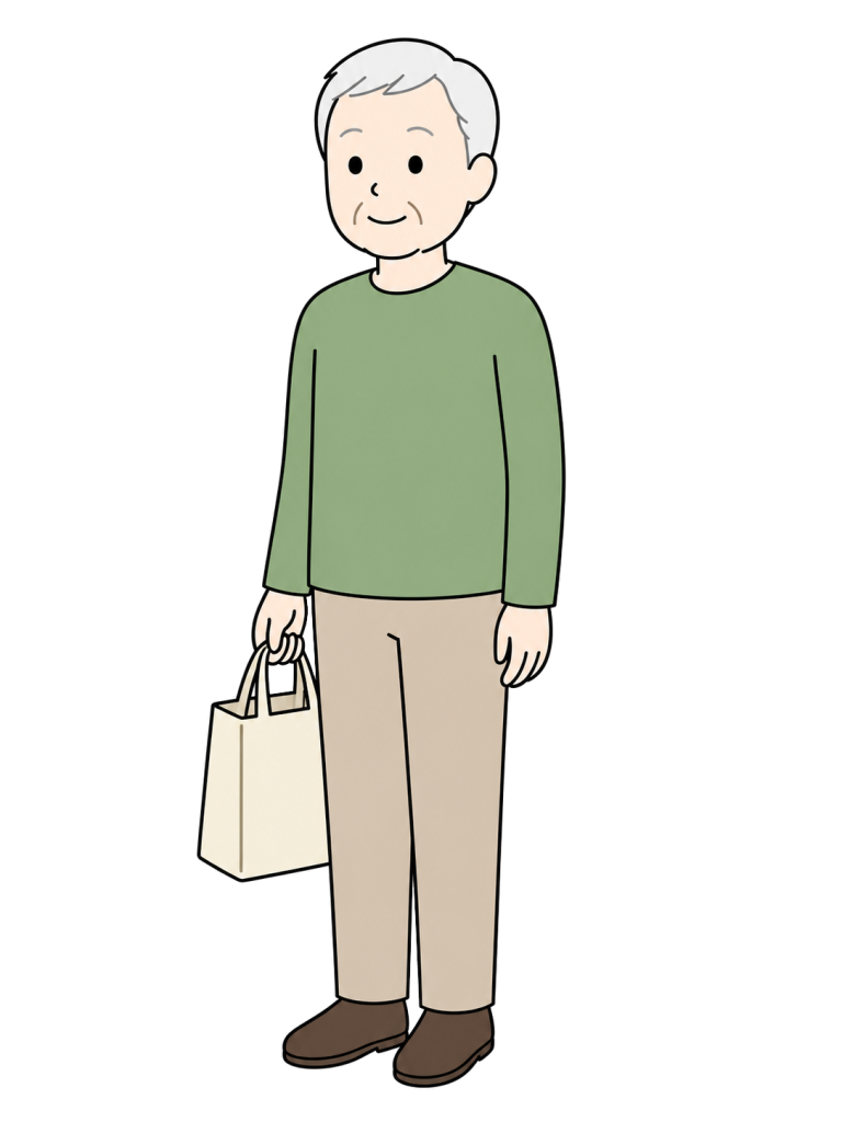 買い物袋を片手に持つ3/4向きの高齢男性のイラスト