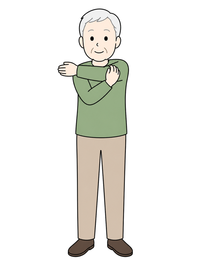 正面で片腕を胸の前に伸ばして肩をストレッチする高齢男性のイラスト