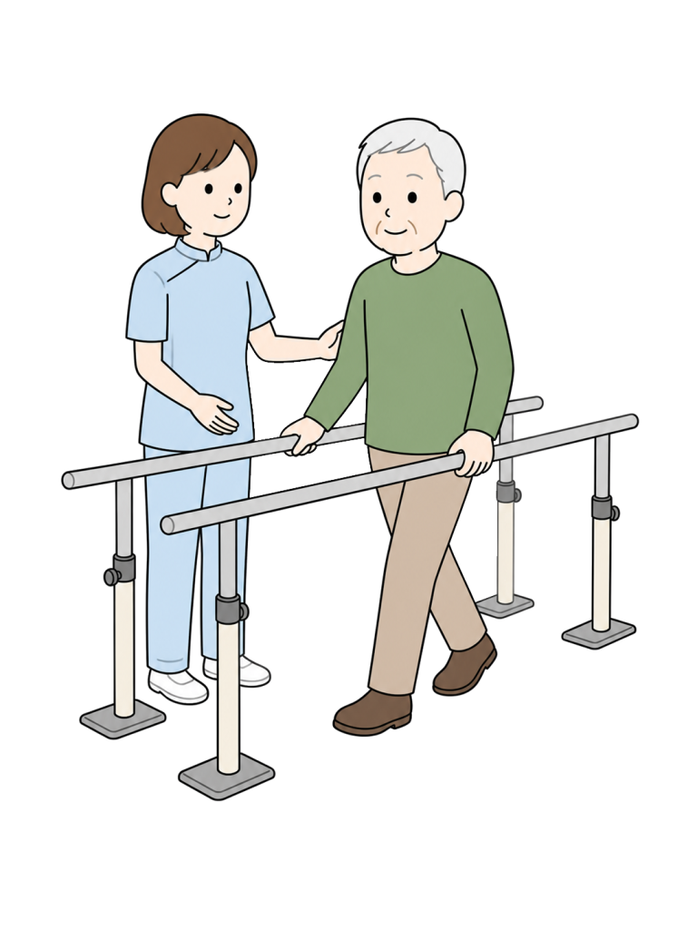 Senior man walking between parallel bars with physical therapist
