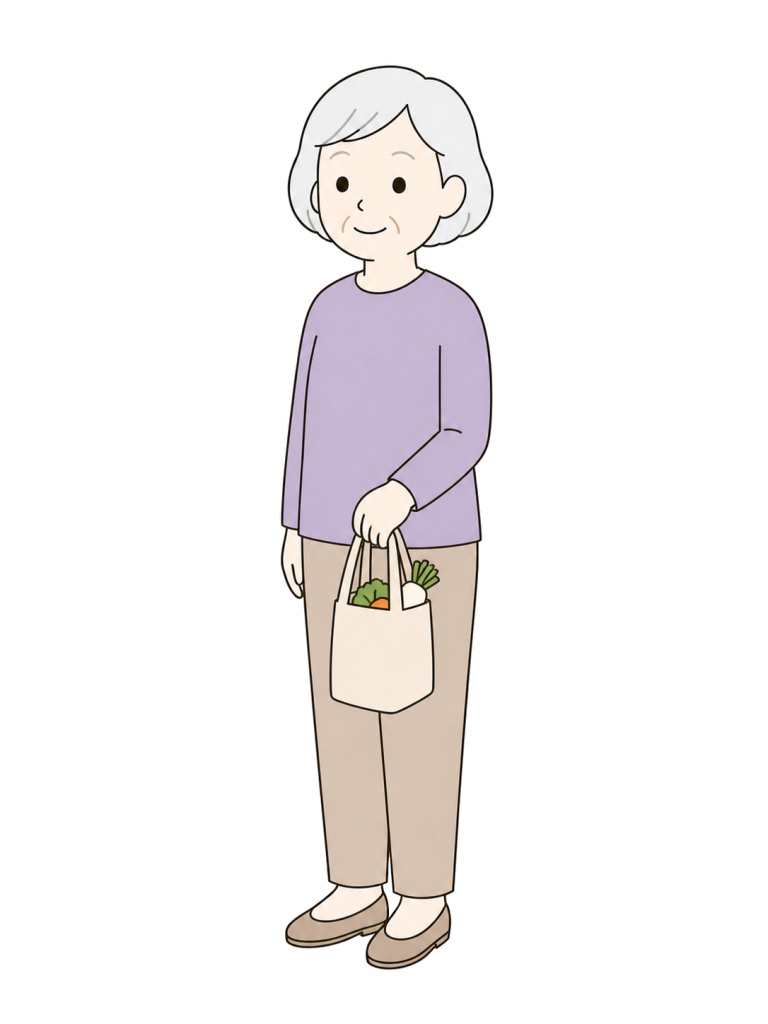 小さな買い物バッグを自然に持つ3/4向きの高齢女性のイラスト