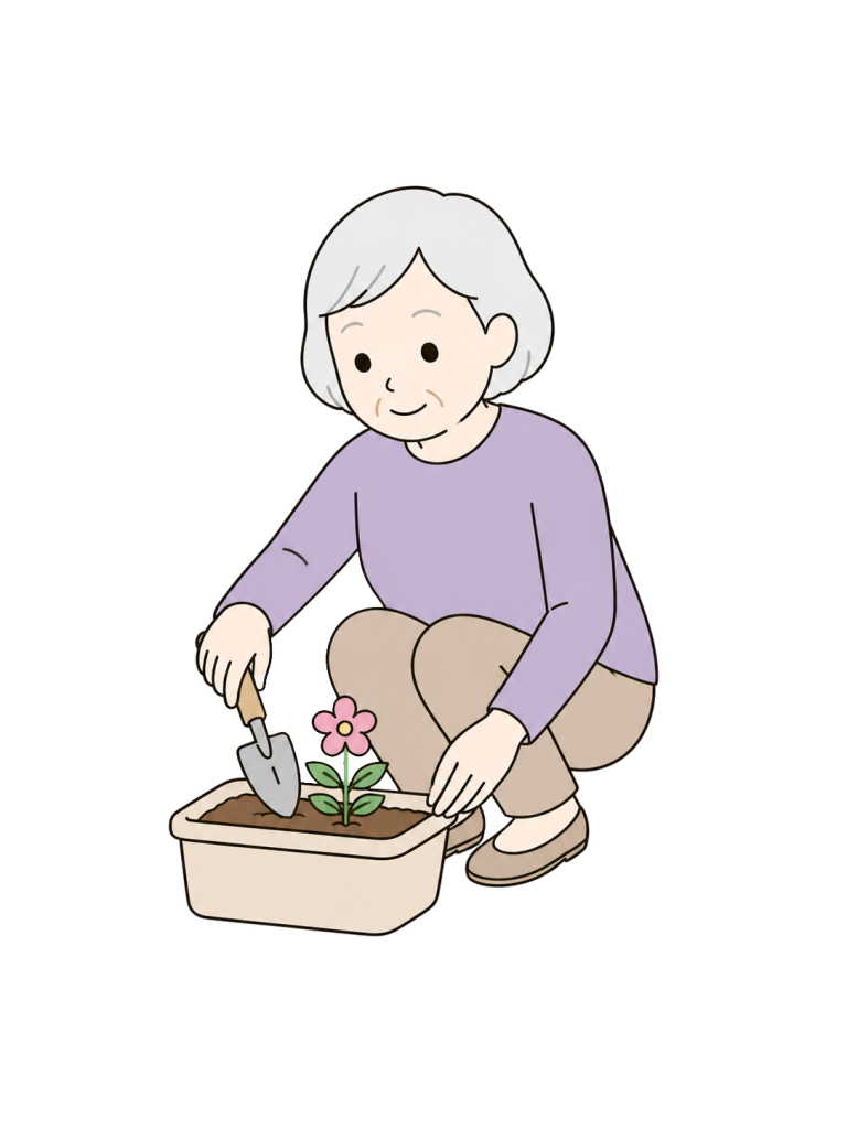 Senior woman crouching to tend planter