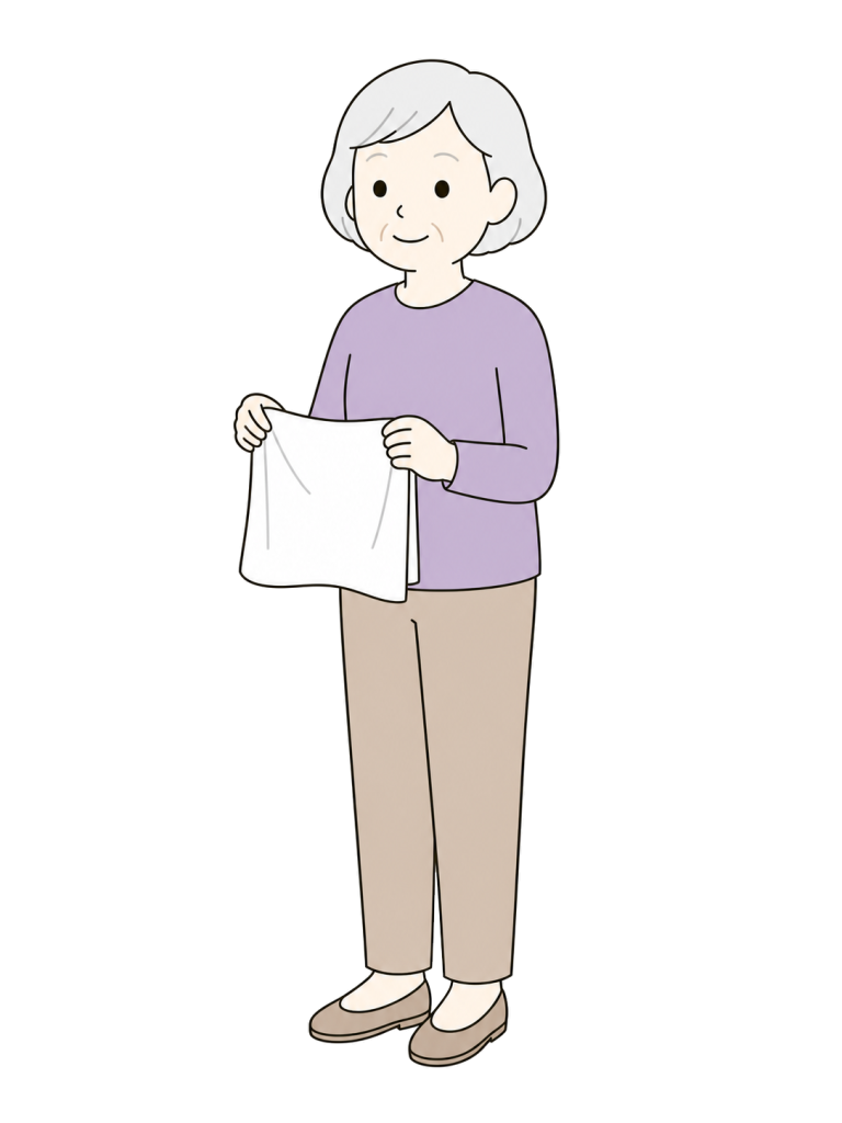 衣類を両手でたたむ3/4向きの高齢女性のイラスト