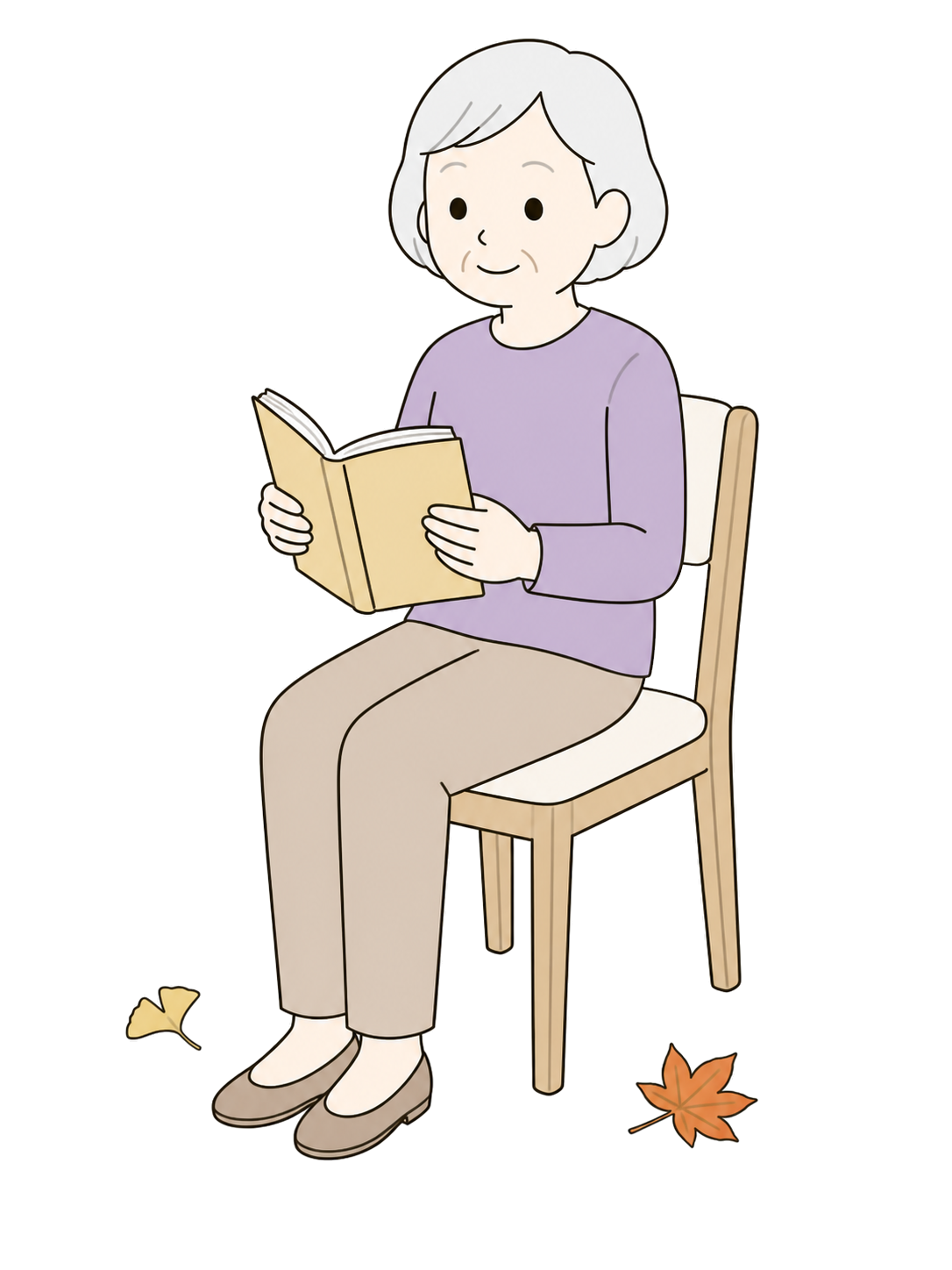 YURUNDO-style illustration of senior woman reading on an autumn day.