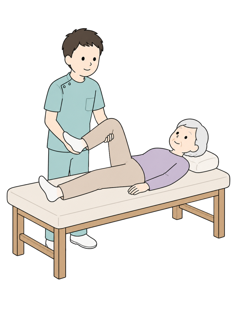 Senior woman receiving leg rehabilitation on treatment table