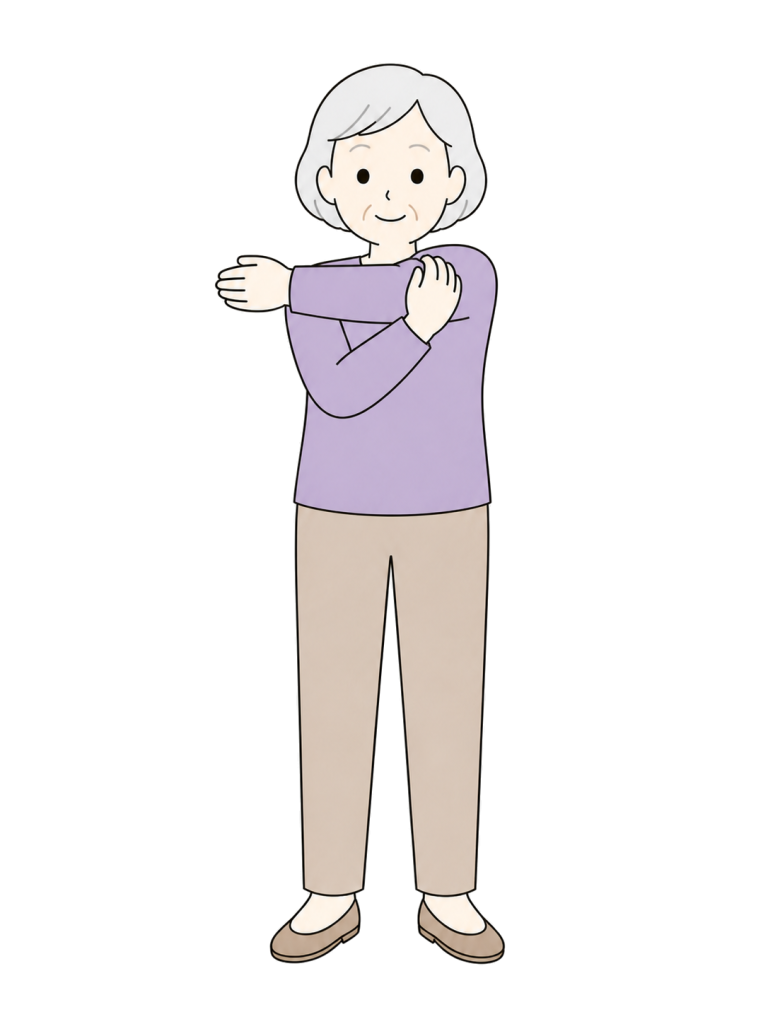 正面で片腕を胸の前へ伸ばして肩をストレッチする高齢女性のイラスト